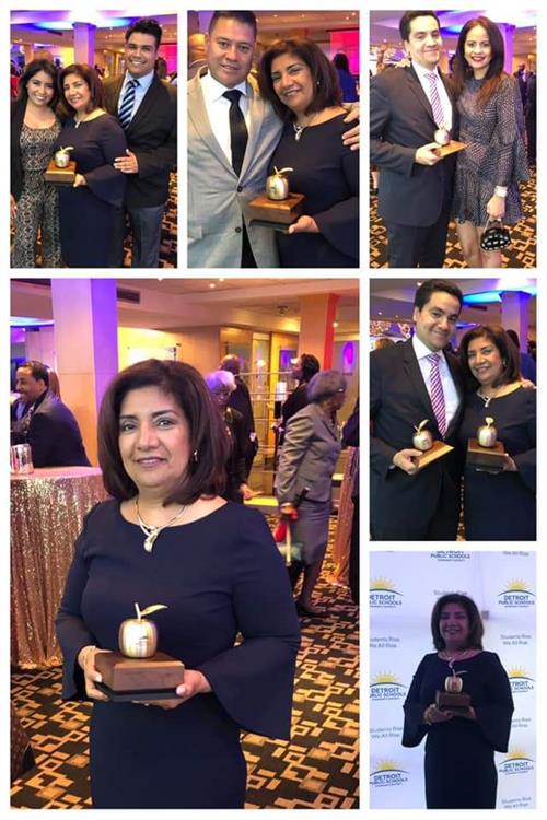 Picture collage of educator of year with family and coworkers holding the golden apple award 